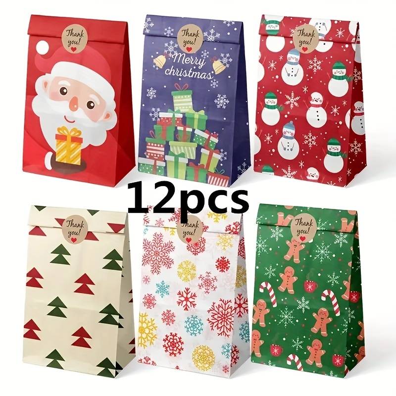 12pcs, Christmas Gift Wrapping Bag, Colorful Flat Mouth Paper Bag, Cartoon  Holiday Candy Gift Wrapping Paper Bag, Suitable For Multiple Festival Occas